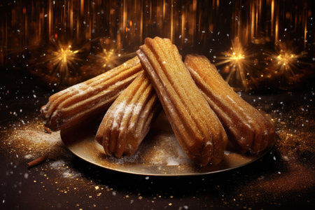 A plate of churros on a table covered in powdered sugar. Imaginary AI picture.の素材