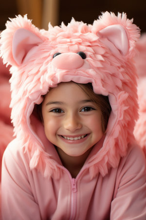 A little girl wearing a pink bear costume. Imaginary AI picture.の素材