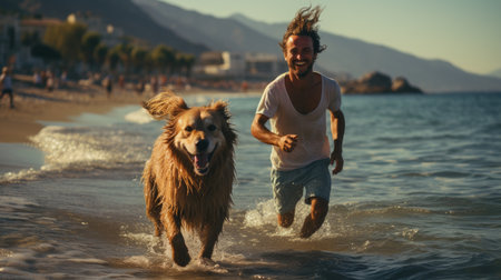 A man running with a dog on the beach. Imaginary AI picture.の素材