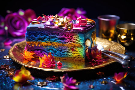 A piece of cake on a plate with flowers. Imaginary AI picture.の素材