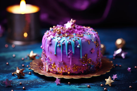 A purple cake with purple icing and gold stars. Imaginary AI picture.の素材