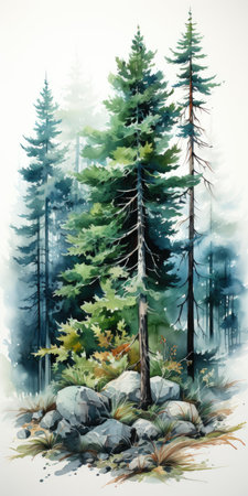 A watercolor painting of a forest with rocks and trees. Imaginary illustration.の素材