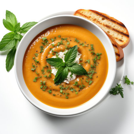 A bowl of carrot soup with a slice of bread on the side. Photorealistic AI image.の素材