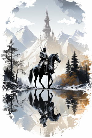 A man riding a horse across a lake. Imaginary illustration.の素材