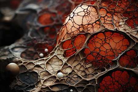 A close up of a cell covered with organic external network of organic fibers.の素材