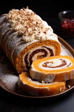 A piece of cake that is on a plate. Photorealistic AI image. Vegan pumpkin cake.の素材