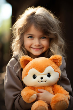 A little girl holding a teddy bear in her arms. Imaginary AI picture.の素材