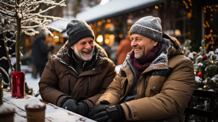 A couple of men sitting at a table in the snow. Imaginary AI picture.の素材