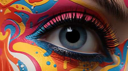 A close up of a persons eye with a colorful face paint. Imaginary AI picture.の素材