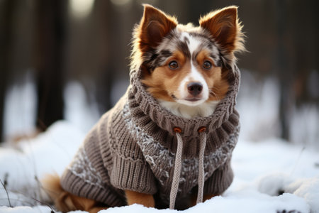 A dog wearing a sweater sitting in the snow. Photorealistic AI image.の素材
