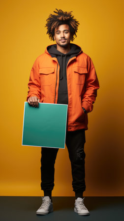 A man in an orange jacket holding a green sign. Imaginary AI picture.の素材