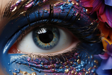 A close up of a persons eye with blue and purple makeup. Imaginary AI picture.の素材