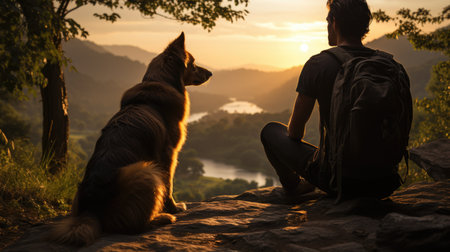 A person sitting on a rock with a dog. Imaginary AI picture.の素材