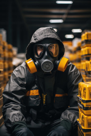 A man in a gas mask sitting on a pile of boxes. Imaginary AI picture.の素材