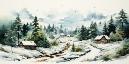 A watercolor painting of a snowy mountain scene. Imaginary illustration.の素材