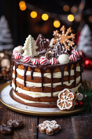A cake with chocolate icing, gingerbread and candy canes on top of it. Photorealistic AI image.の素材