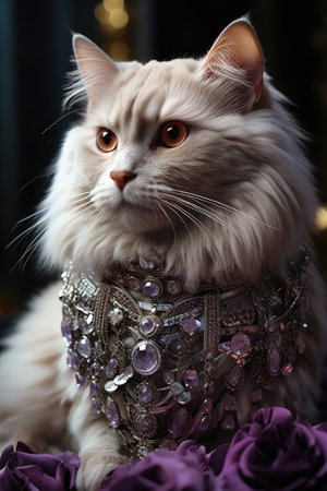 A fluffy white cat wearing a purple collar.の素材