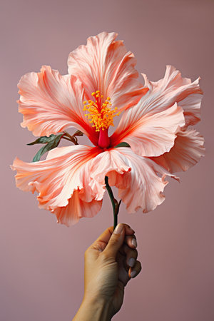 A person holding a pink hibiscus flower in their hand.の素材