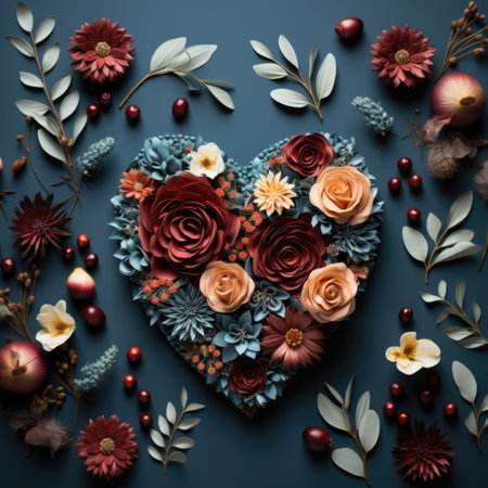 A heart shaped arrangement of flowers and leaves.の素材