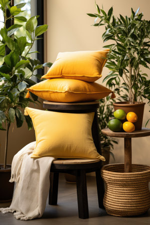 A stack of yellow pillows sitting on top of a wooden stool.の素材