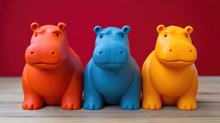 Three toy animals sitting next to each other on a table.の素材