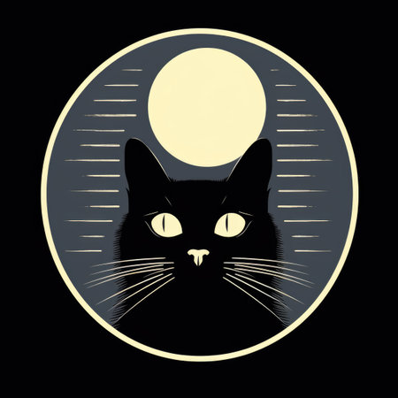 A black cat sitting in front of a full moon.の素材