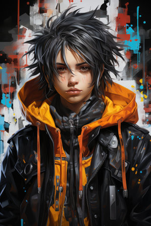 A painting of a young man with black hair.の素材