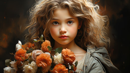 A young girl holding a bouquet of flowers.の素材