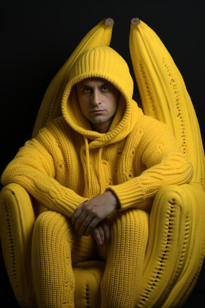 A man in a yellow sweater sitting on a banana chair. Banana chair.の素材