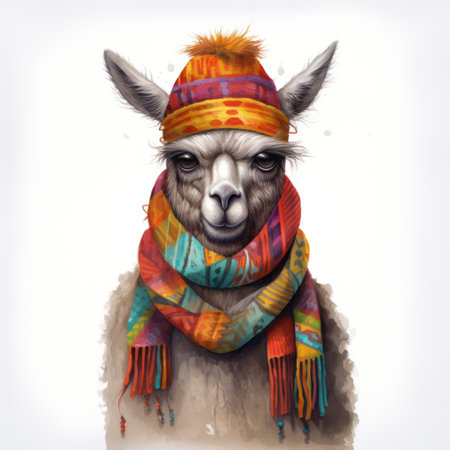 A llama wearing a scarf and a hat.の素材