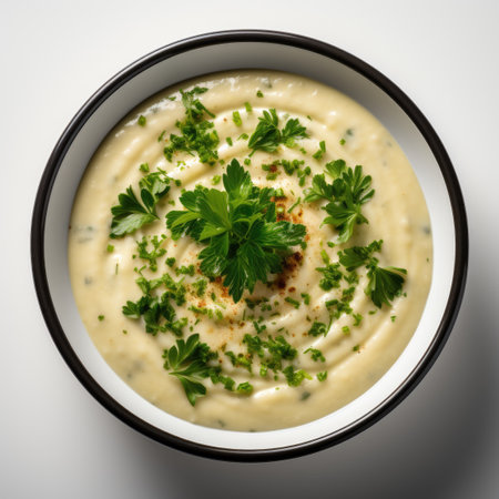 A bowl of potato cream soup with parsley on top. Photorealistic AI image.の素材
