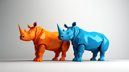 A couple of rhinos standing next to each other.の素材