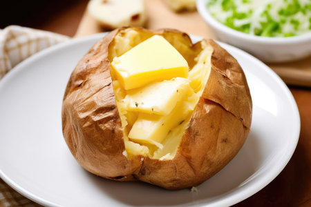 A baked potato with a pate of butter on top. AI food photo.の素材