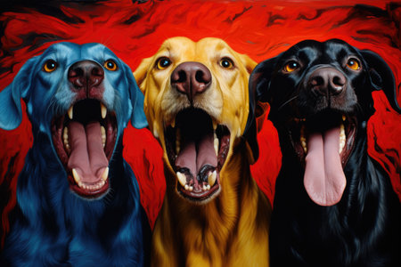 A painting of three dogs with their mouths open.の素材
