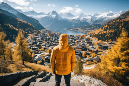 A man in a yellow jacket standing on a mountain. Imaginary AI picture.の素材