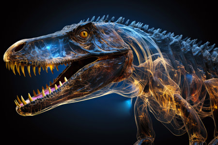 A t - rex with its mouth open and glowing teeth. Celestial outline.の素材