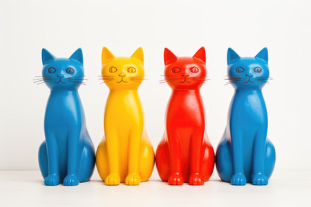 Three colorful plastic cats sitting next to each other.の素材