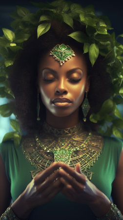 A woman in a green dress with a crown on her head.の素材