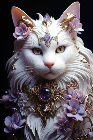 A close up of a white cat with purple flowers on its head.の素材