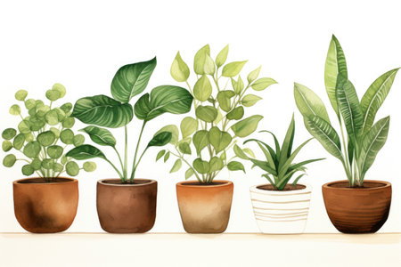 A row of potted plants sitting on top of a table.の素材