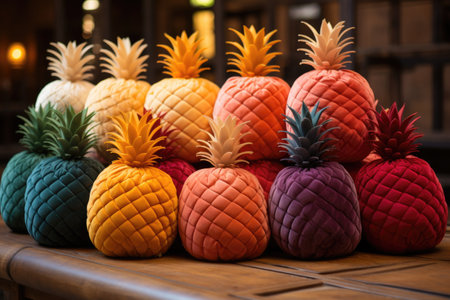 A group of stuffed pineapples sitting on top of a wooden table.の素材
