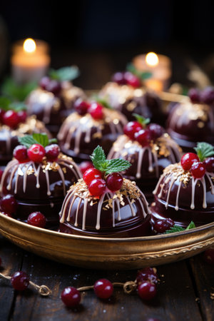A plate of chocolate covered cherries on a table. Photorealistic AI image.の素材