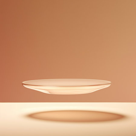 A white plate with a shadow on a table. Glass podium, pedestal.の素材