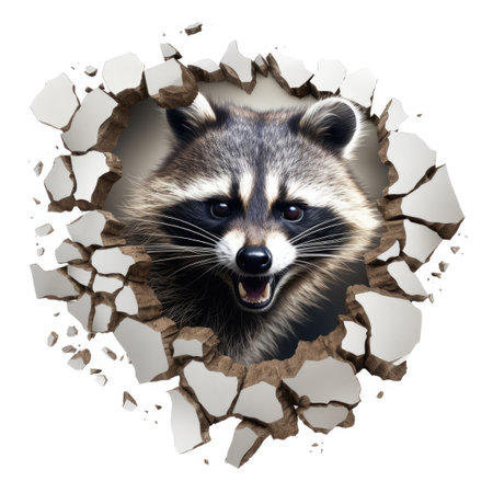 A raccoon looking through a hole in a wall.の素材