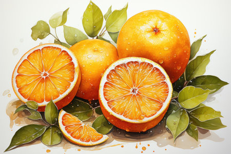 A painting of a group of oranges with leaves. Imaginary illustration.の素材