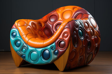 A colorful chair sitting on top of a wooden floor.の素材