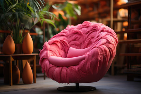 A pink chair sitting in a living room next to a potted plant.の素材