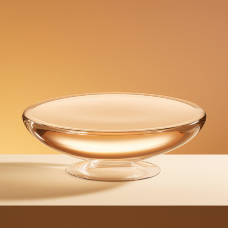 A glass bowl sitting on top of a table. Glass podium, pedestal.の素材