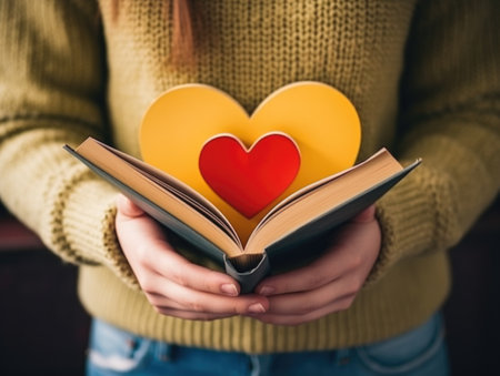 A person holding a book with a heart in it. Education day concept image.の素材