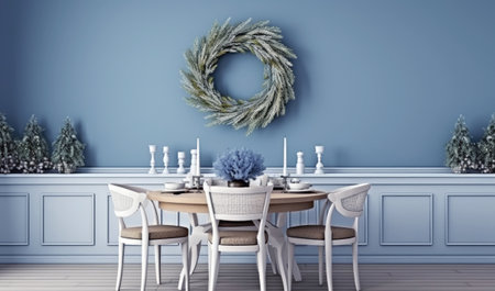 A dining room with blue walls and a wreath on the wall. Elegant blue dining room with winter wreath.の素材